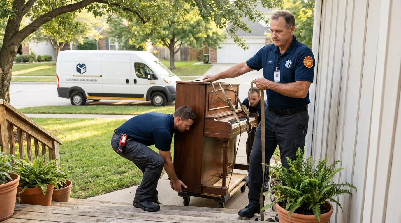 Licensed piano movers securing grand piano in Waconia, MN
