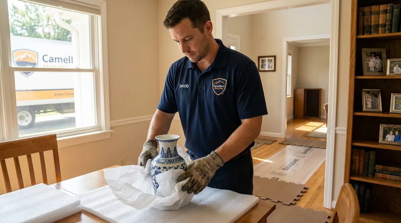 Professional crew carefully wrapping antique vase for senior downsizing move in Waconia, MN